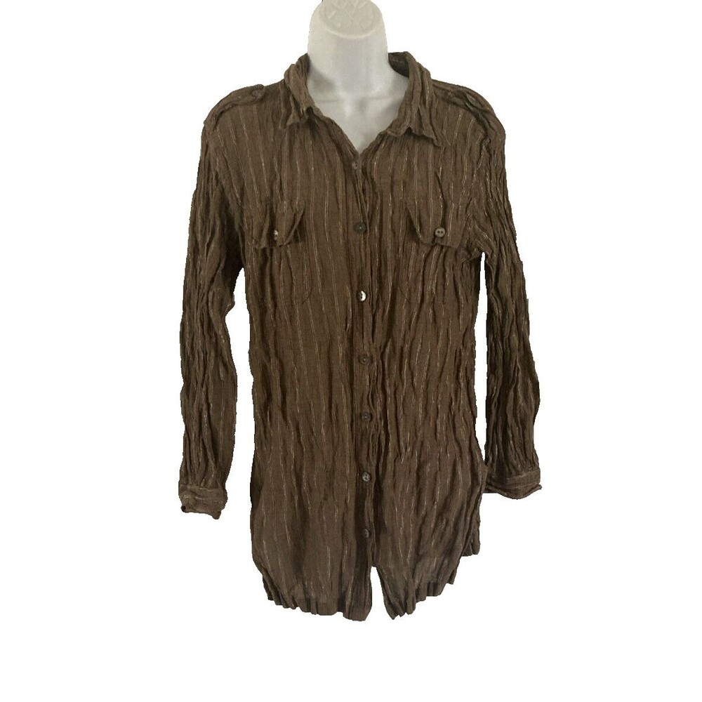 Chico’s Brown Metallic Crinkle Shirt Button Down Size 2 (L) Long Sleeve Tunic - Picture 8 of 8